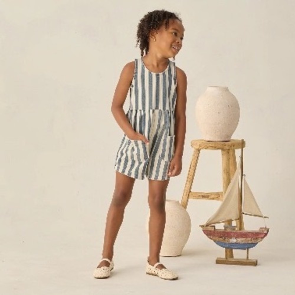 Rylee + Cru Dani Romper Kids Blue Striped Sleeveless Cotton 4-5Y